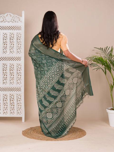 KcPc New beautiful  Cotton silk Ajrakh style With Ajrakh HandPrint Work Saree STL