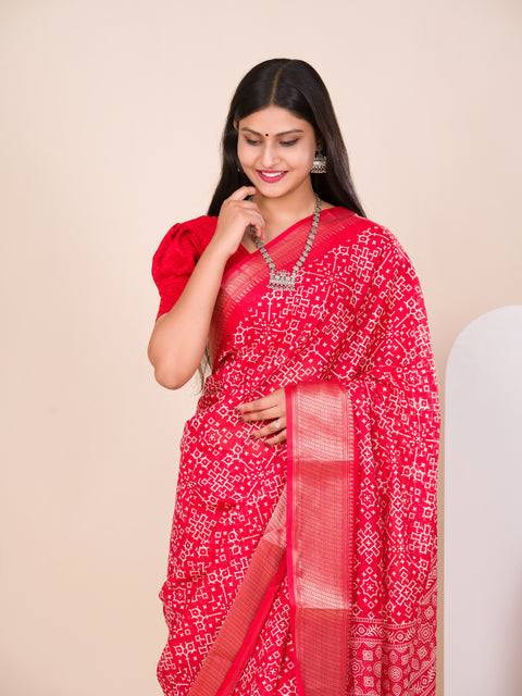 KcPc New latest Cotton silk Ajrakh style With Ajrakh HandPrint Work Saree STL