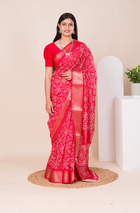 KcPc New latest Cotton silk Ajrakh style With Ajrakh HandPrint Work Saree STL