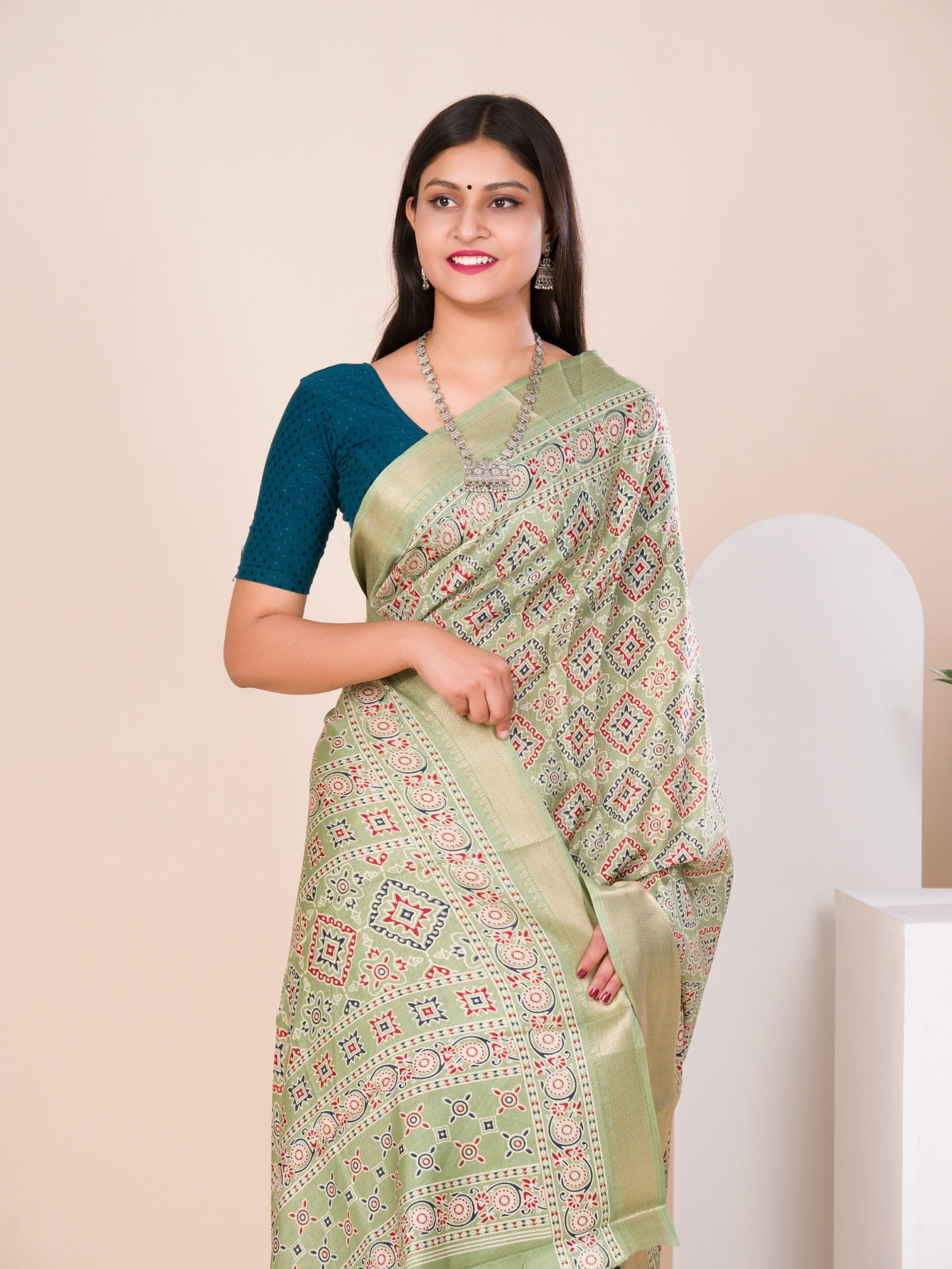 Cotton silk Ajrakh styleSaree under 1000
