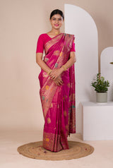 A pink Banarasi style saree with Meenakari weaving, 