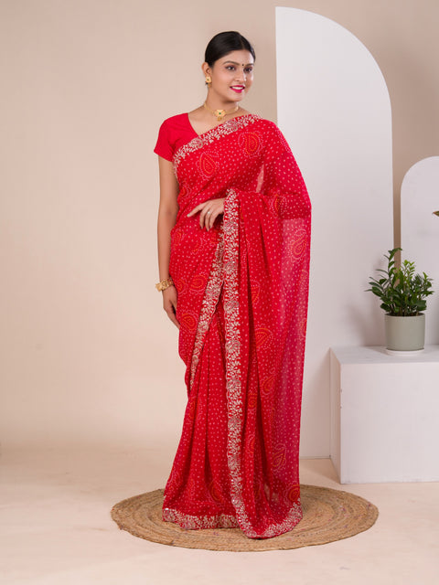 KcPc New Mos chiffon Hand Pitta aari Work Bandhani Saree STL