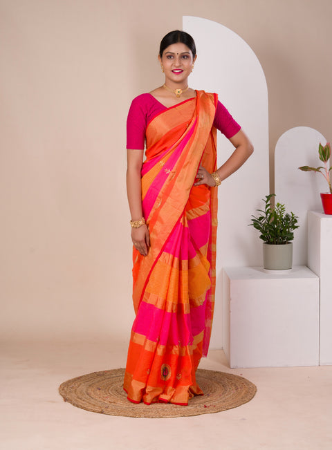 KcPc Pure Doria with zari design peacock design saree  Rani Orange
