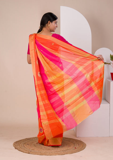 KcPc Pure Doria with zari design peacock design saree  Rani Orange