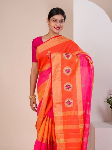 KcPc Pure Doria with zari design peacock design saree  Rani Orange