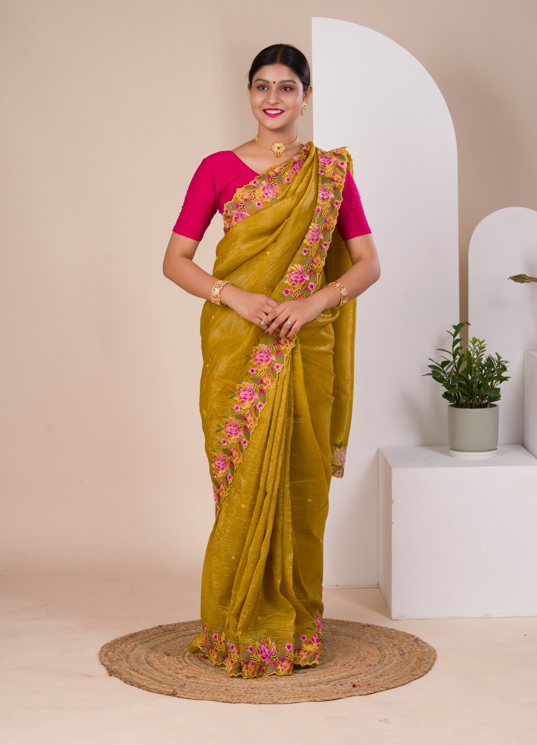 tissue silk Bollywood Style with Kashida work saree in yellow colour
