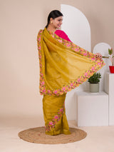 tissue silk Bollywood Style with Kashida work saree in yellow colour