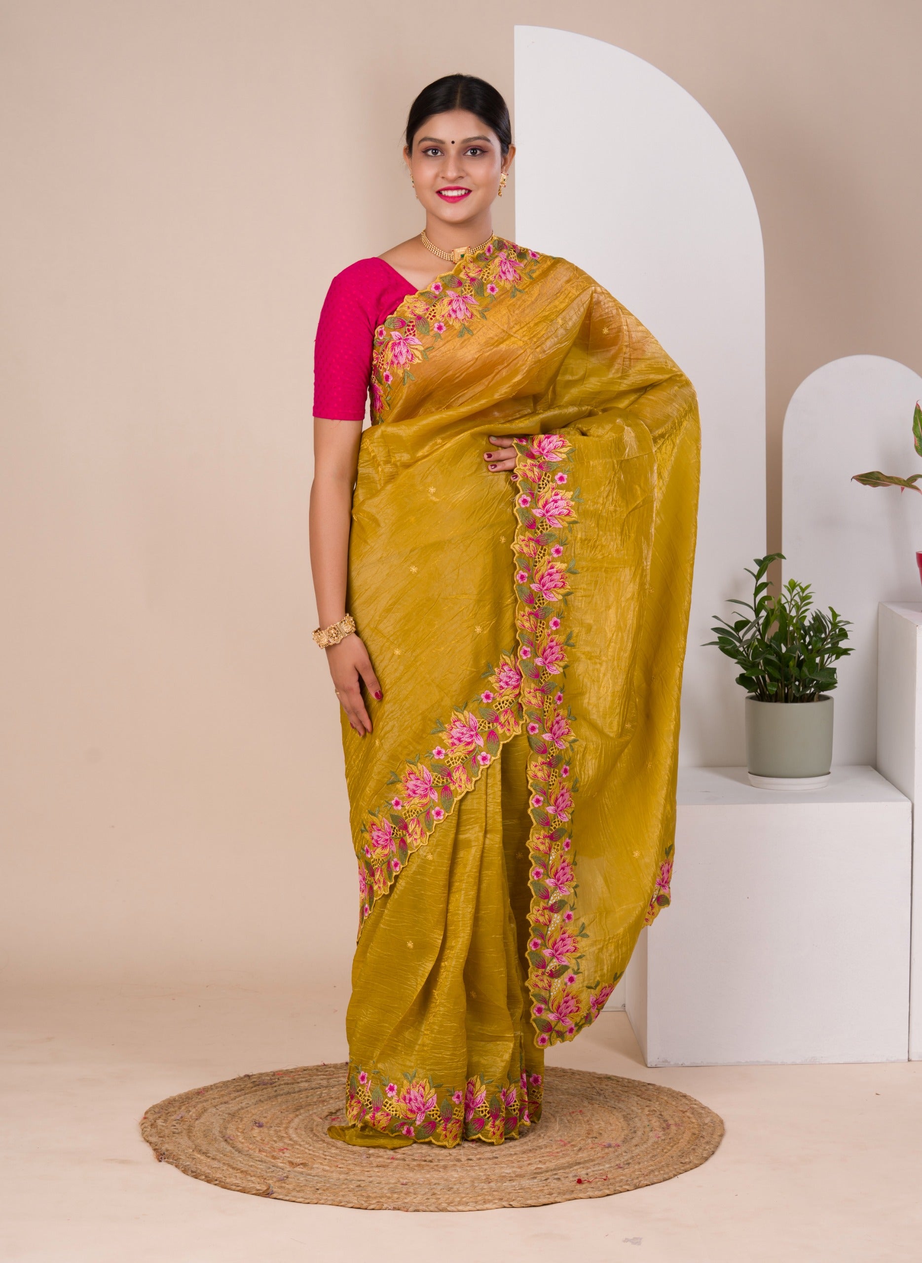 tissue silk Bollywood Style with Kashida work saree in yellow colour