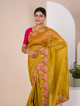 tissue silk Bollywood Style with Kashida work saree in yellow colour