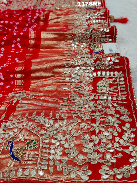 KcPc Pure Gaji Silk Bandhani Gharchola sarees  Red