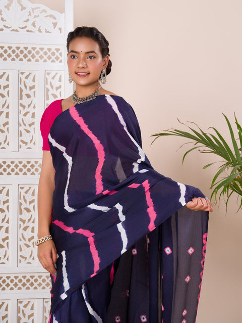 KcPc Latest Jaipuri Traditional Chinon  Bandhani Saree  Navy Blue
