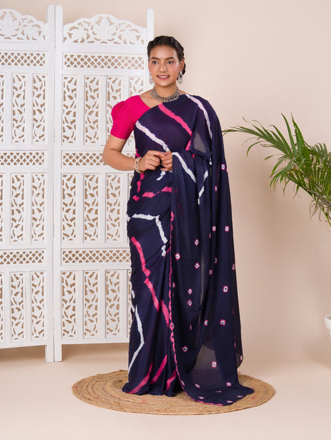 KcPc Latest Jaipuri Traditional Chinon  Bandhani Saree  Navy Blue