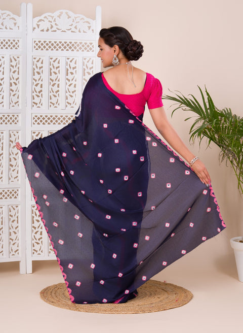 KcPc Latest Jaipuri Traditional Chinon  Bandhani Saree  Navy Blue