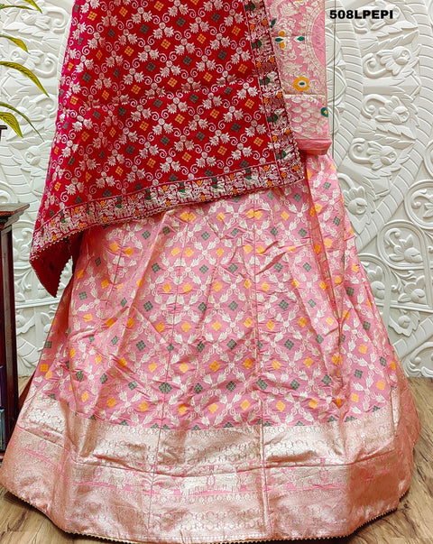 KcPc Pure Banarasi Bandhej Patola Silk Lehenga  Peach pink BT