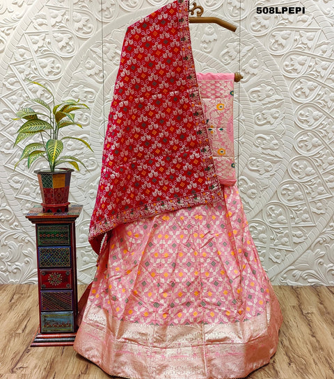 KcPc Pure Banarasi Bandhej Patola Silk Lehenga  Peach pink BT
