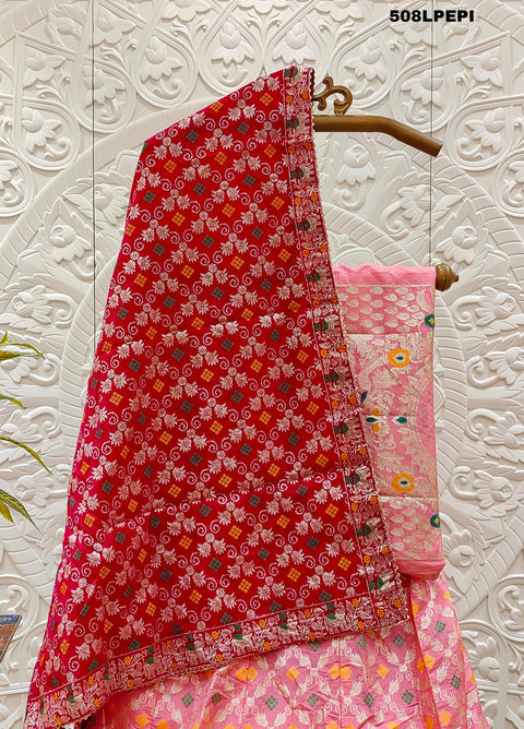 KcPc Pure Banarasi Bandhej Patola Silk Lehenga  Peach pink BT