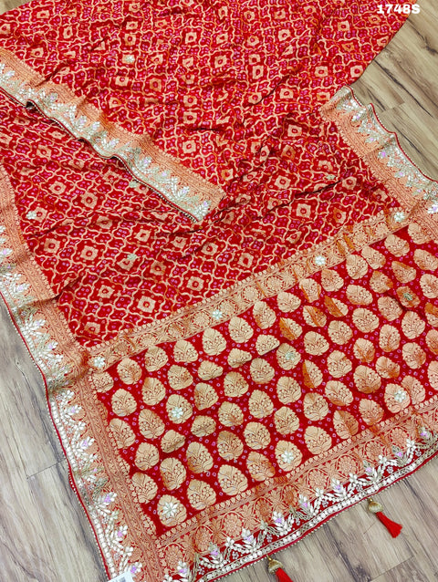 KcPc New Arrival Khaddi Georgette Neemzari Bandhej Gotapatti Work Saree AMT