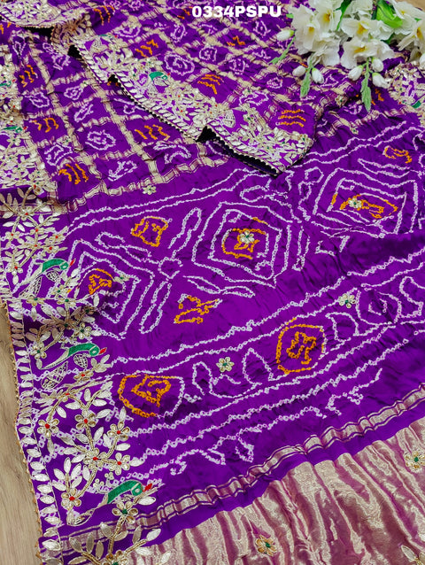 KcPc Pure Gaji Silk Bandhani Ghatchola Heavy Gotapatti Work Saree BT  Purple