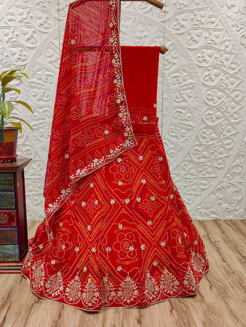 KcPc Pure Bandhej Beautiful Fancy Cutdana And Stone Work Lahenga  MHS