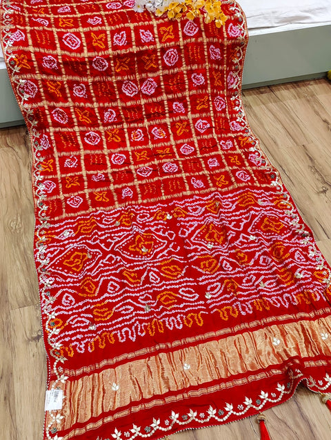 KcPc Pure Gaji Silk Handloom Bandhani Gotapatti Work Jaipuri Traditional Saree AMT