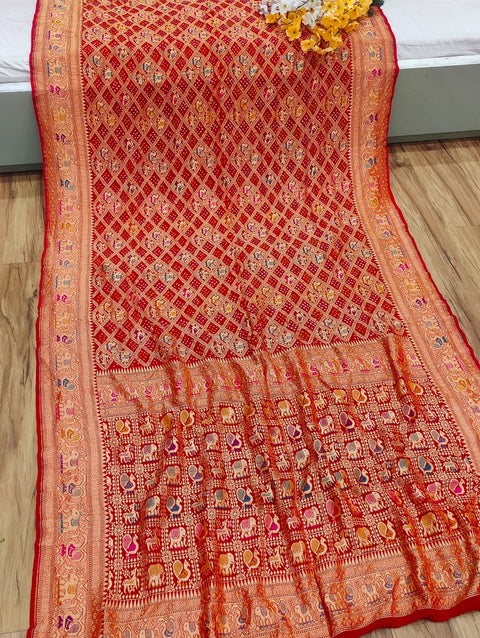 KcPc Figure Design Khaddi Georgette Janglaw Bandhani Neemzari Saree  Red