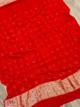 KcPc Figure Design Khaddi Georgette Janglaw Bandhani Neemzari SareeRed