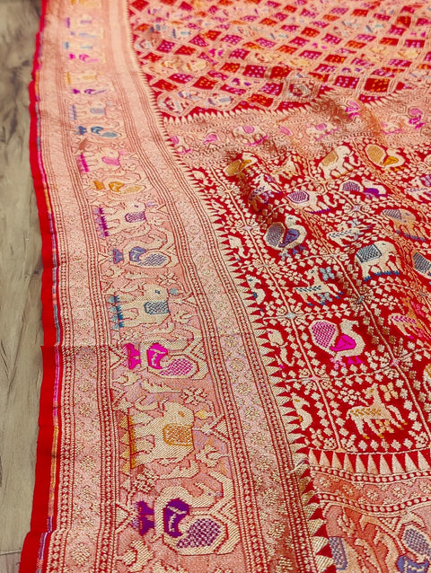 KcPc Figure Design Khaddi Georgette Janglaw Bandhani Neemzari Saree  Red