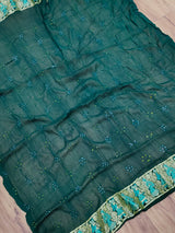 KcPc Figure Design Khaddi Georgette Janglaw Bandhani Neemzari Saree Bottle Green