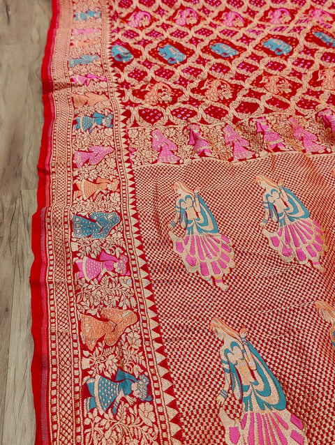KcPcFigure Design Khaddi Georgette Janglaw Bandhani Neemzari Saree Red
