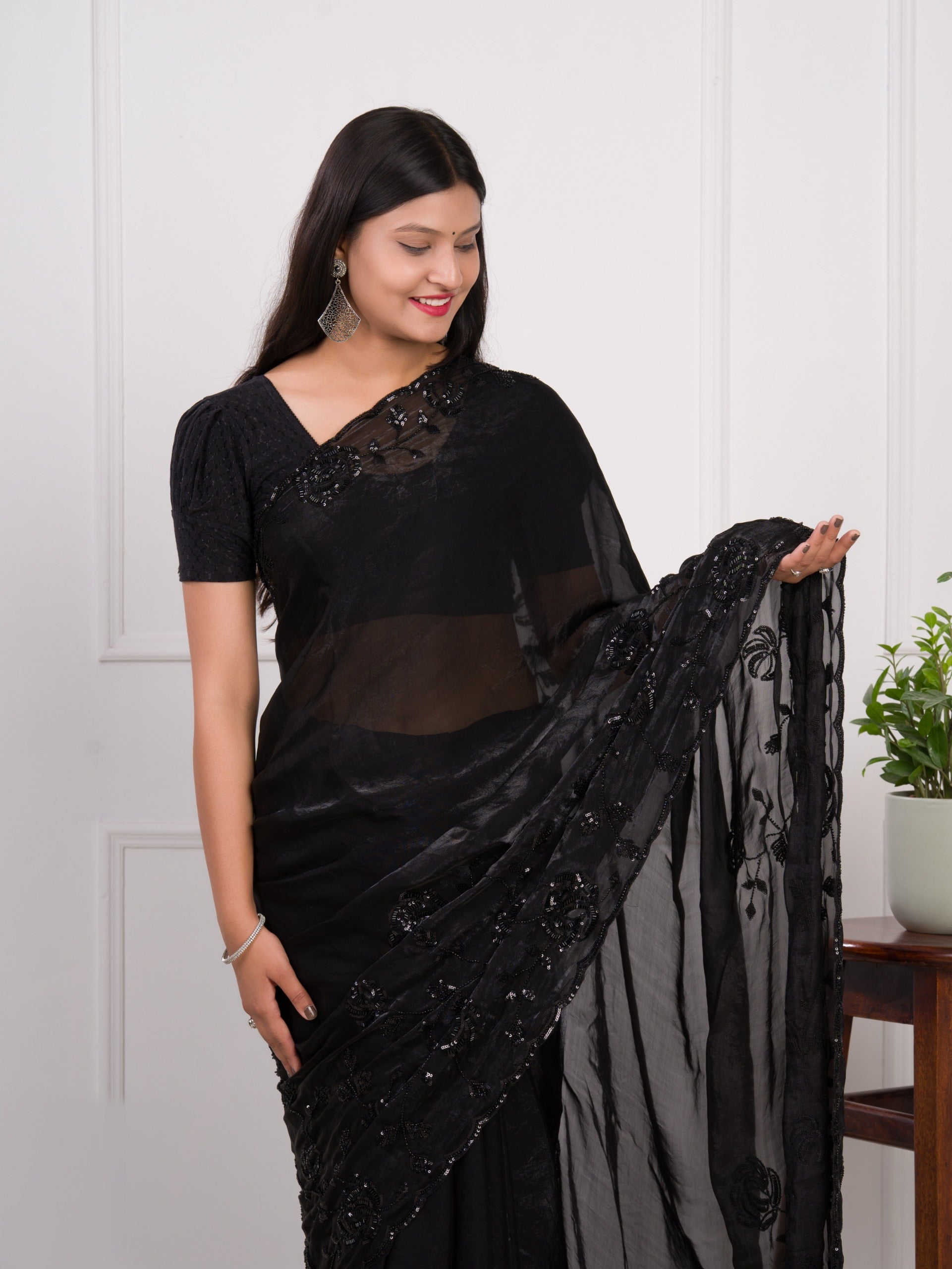 Organza Bollywood Style Cutdana tari Work Saree in black colour