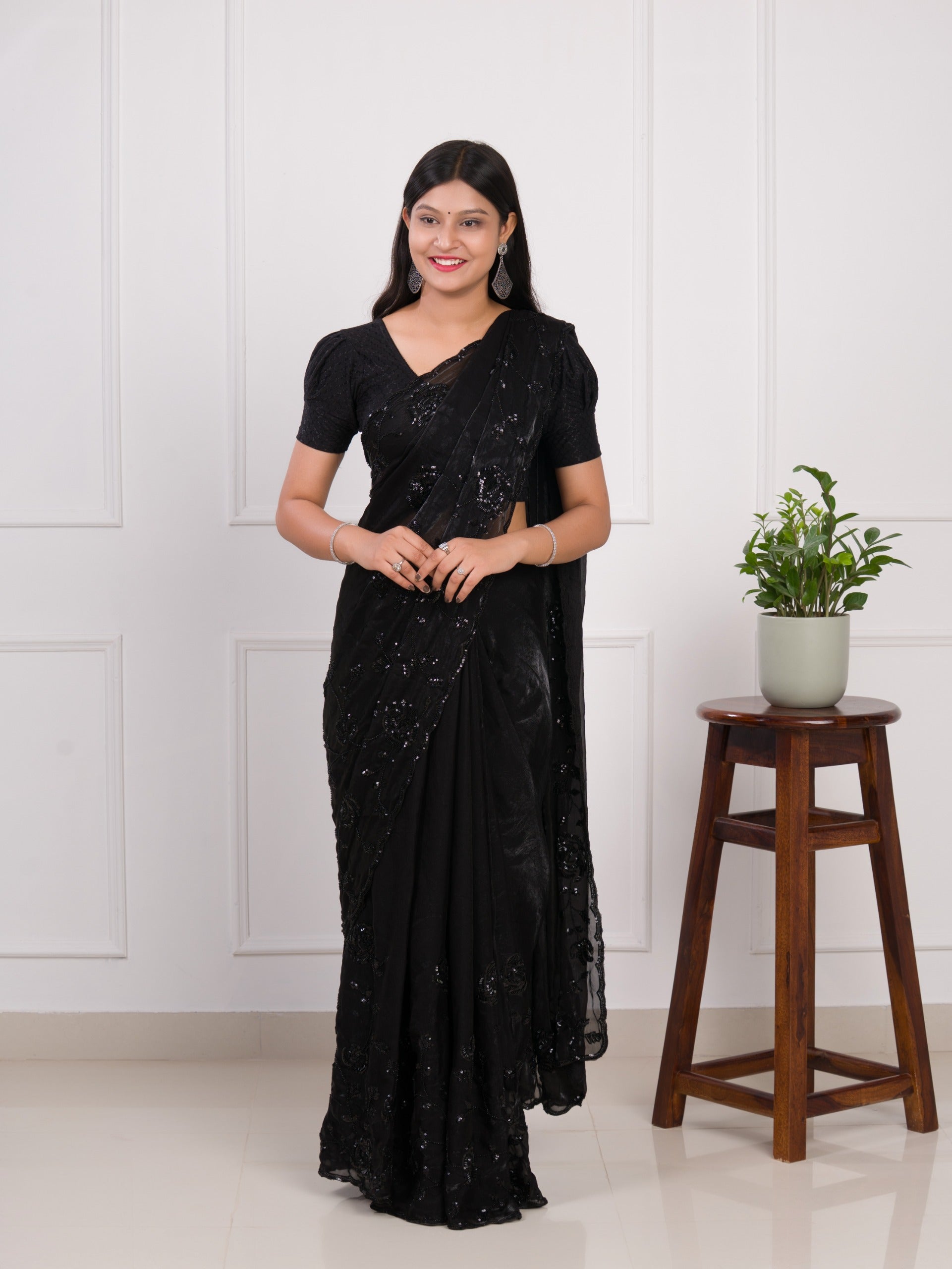  Organza Bollywood Style Cutdana tari Work Saree in black colour