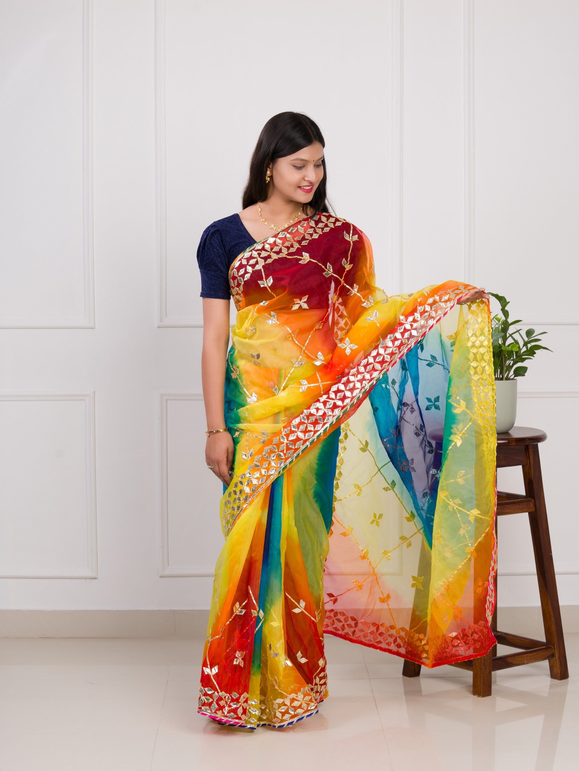 Pachrangi saree with gotapati detailing 