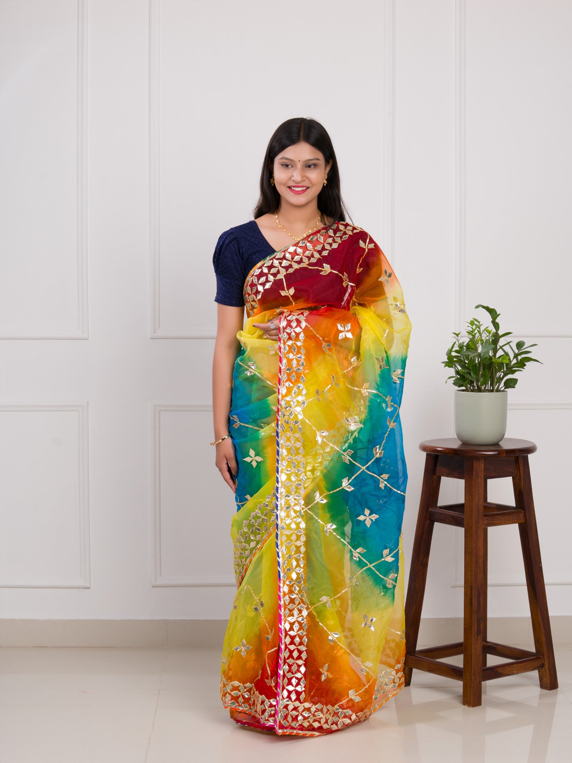 Pachrangi saree with gotapati detailing 