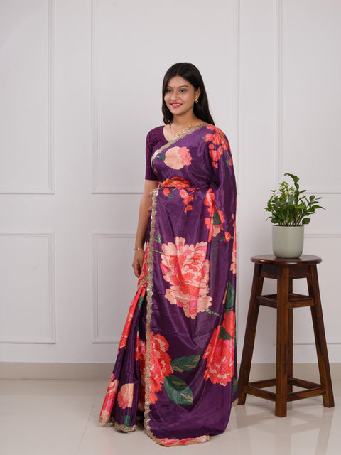 KcPc  Latest Chinon Crape Floral Print Gotapatti Cutwork Border Sarees sana Purple