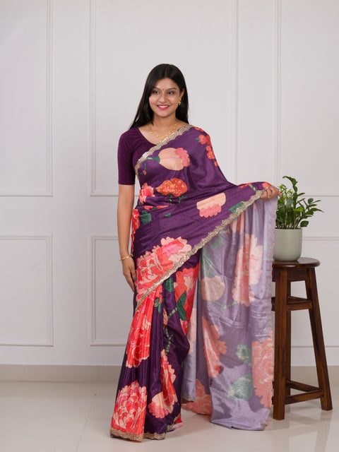 KcPc  Latest Chinon Crape Floral Print Gotapatti Cutwork Border Sarees sana Purple