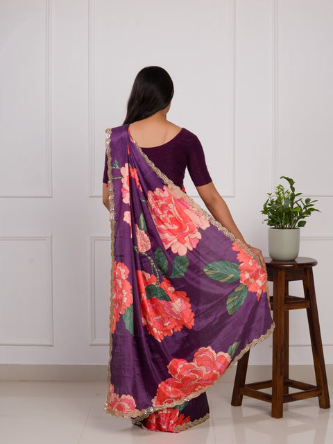 KcPc  Latest Chinon Crape Floral Print Gotapatti Cutwork Border Sarees sana Purple