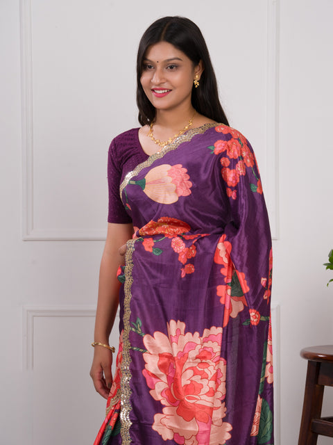 KcPc  Latest Chinon Crape Floral Print Gotapatti Cutwork Border Sarees sana Purple
