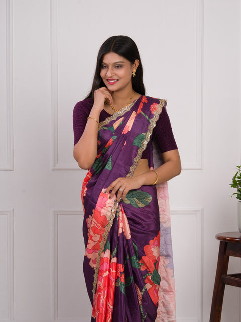 KcPc  Latest Chinon Crape Floral Print Gotapatti Cutwork Border Sarees sana Purple
