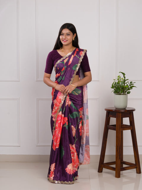 KcPc  Latest Chinon Crape Floral Print Gotapatti Cutwork Border Sarees sana Purple