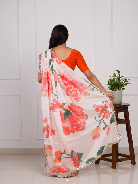 KcPc Special Chinon Crape Floral Print Gotapatti Cutwork Border Sarees sana Off White
