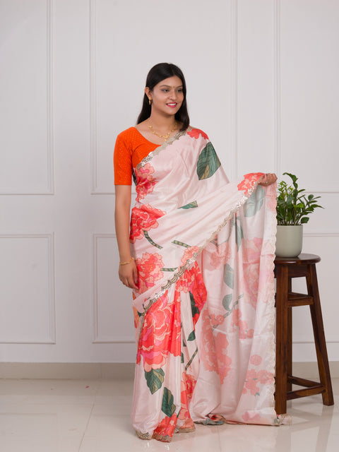KcPc Special Chinon Crape Floral Print Gotapatti Cutwork Border Sarees sana Off White