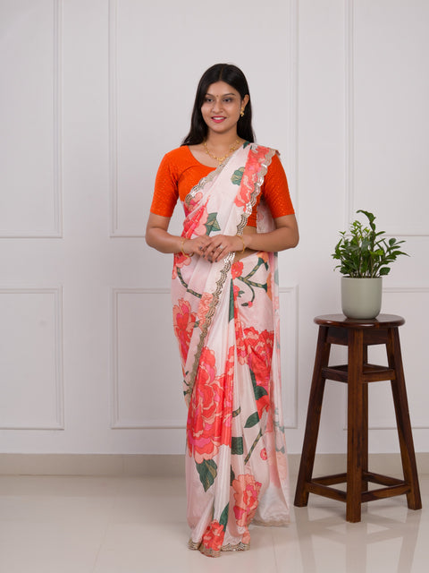 KcPc Special Chinon Crape Floral Print Gotapatti Cutwork Border Sarees sana Off White
