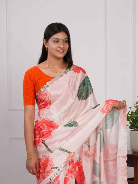 KcPc Special Chinon Crape Floral Print Gotapatti Cutwork Border Sarees sana Off White