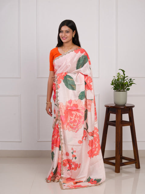 KcPc Special Chinon Crape Floral Print Gotapatti Cutwork Border Sarees sana Off White