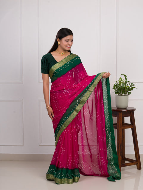 KcPc New Moss Chiffon Georgette Bandhani Sarees  Rani Green