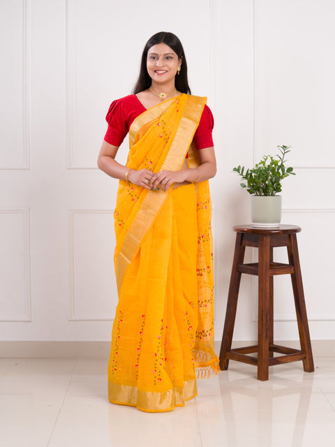 KcPc Kota Doria Kashida Work Gotapatti Style Bikaneri Saree SNA Yellow