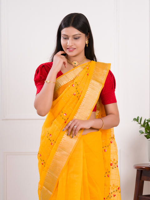 KcPc Kota Doria Kashida Work Gotapatti Style Bikaneri Saree SNA Yellow