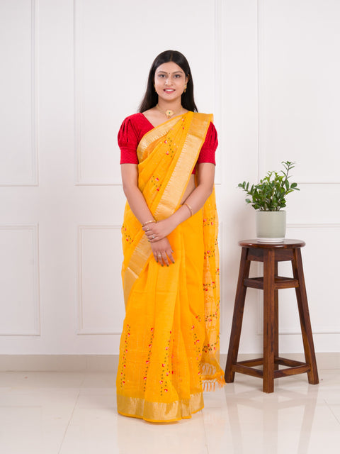 KcPc Kota Doria Kashida Work Gotapatti Style Bikaneri Saree SNA Yellow