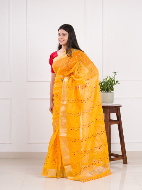 KcPc Kota Doria Kashida Work Gotapatti Style Bikaneri Saree SNA Yellow