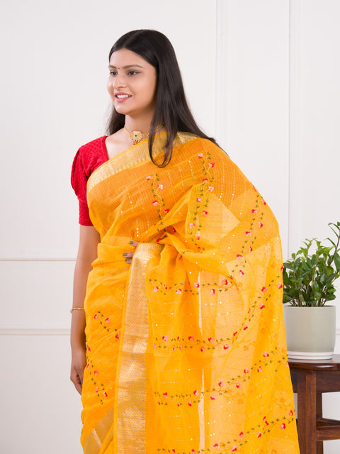 KcPc Kota Doria Kashida Work Gotapatti Style Bikaneri Saree SNA Yellow